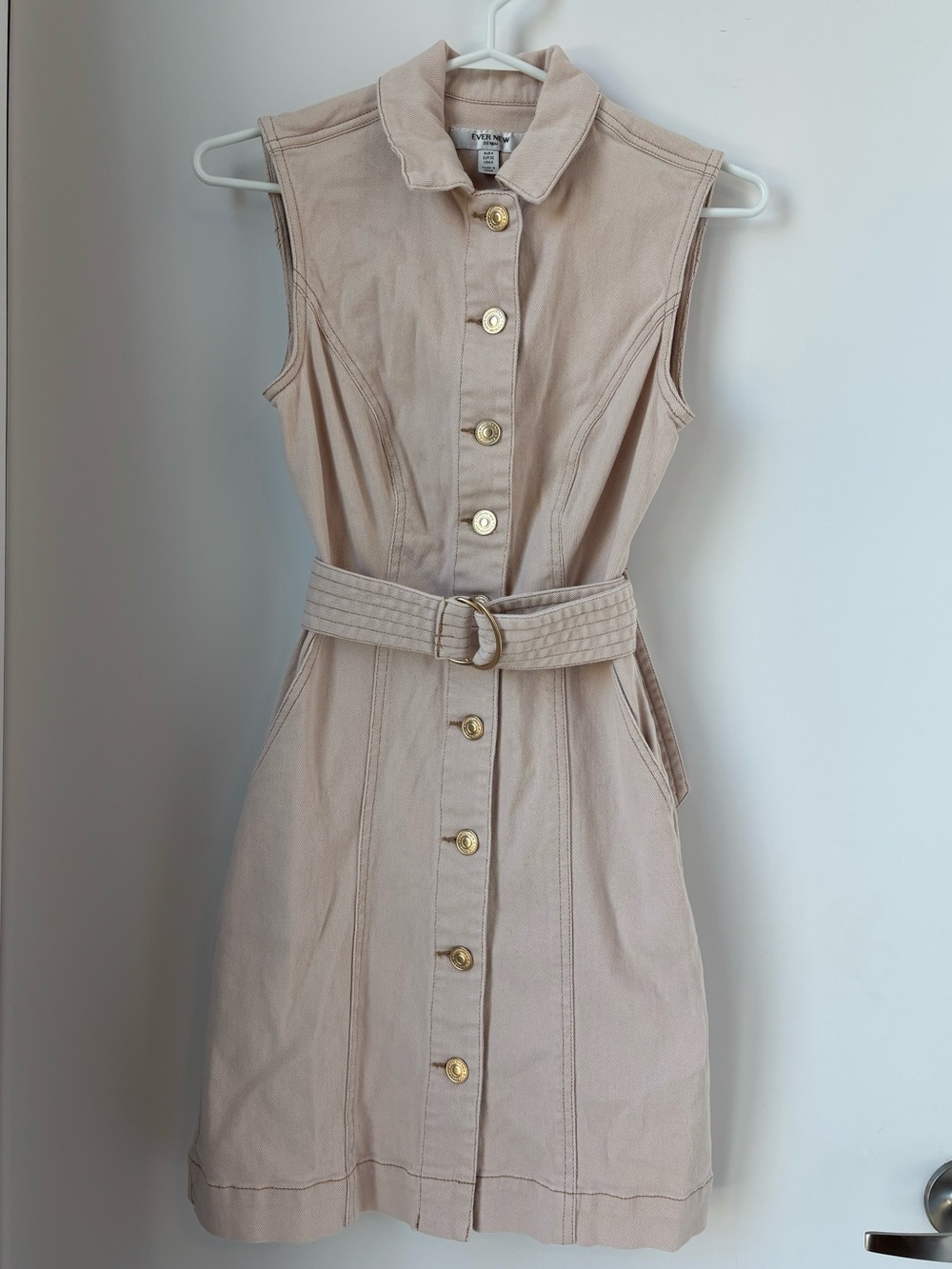 Ever New Sleeveless Beige Button-Front Belted Mini Dress